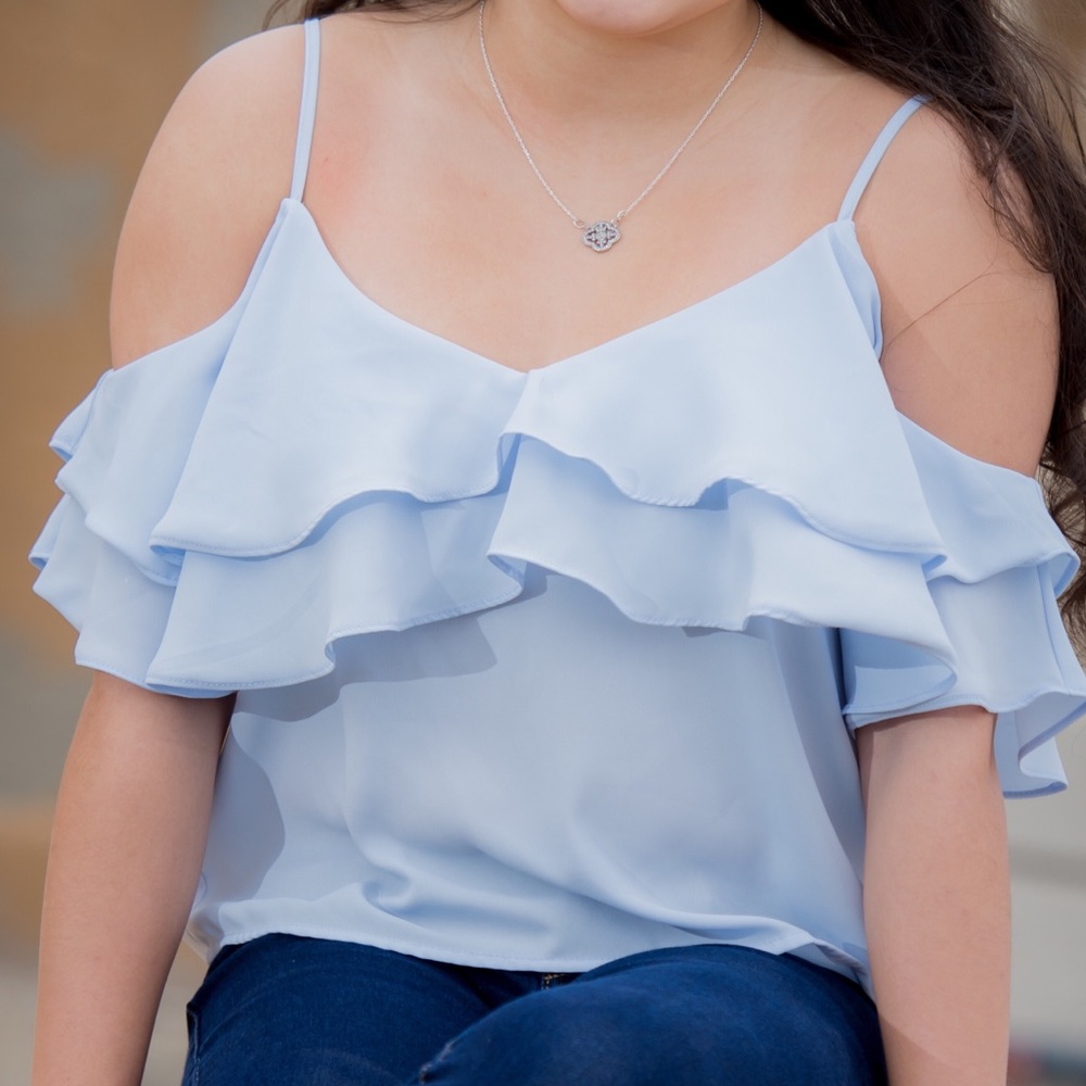 Light Blue Ruffled Off-The-Shoulder Top - Picture 2 of 5